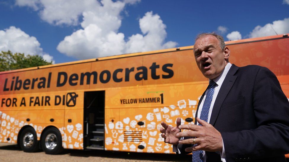 Lib Dem leader Sir Ed Davey launched his party's campaign battle bus in Whittlesford, Cambridge