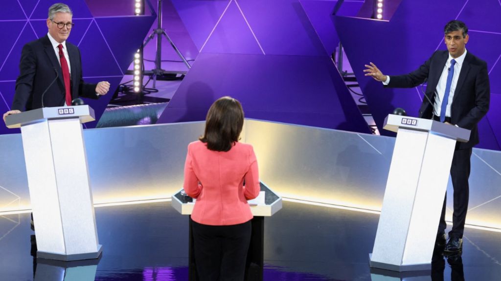 British opposition Labour Party leader Keir Starmer and British Prime Minister Rishi Sunak take part in BBC's Prime Ministerial Debate, in Nottingham