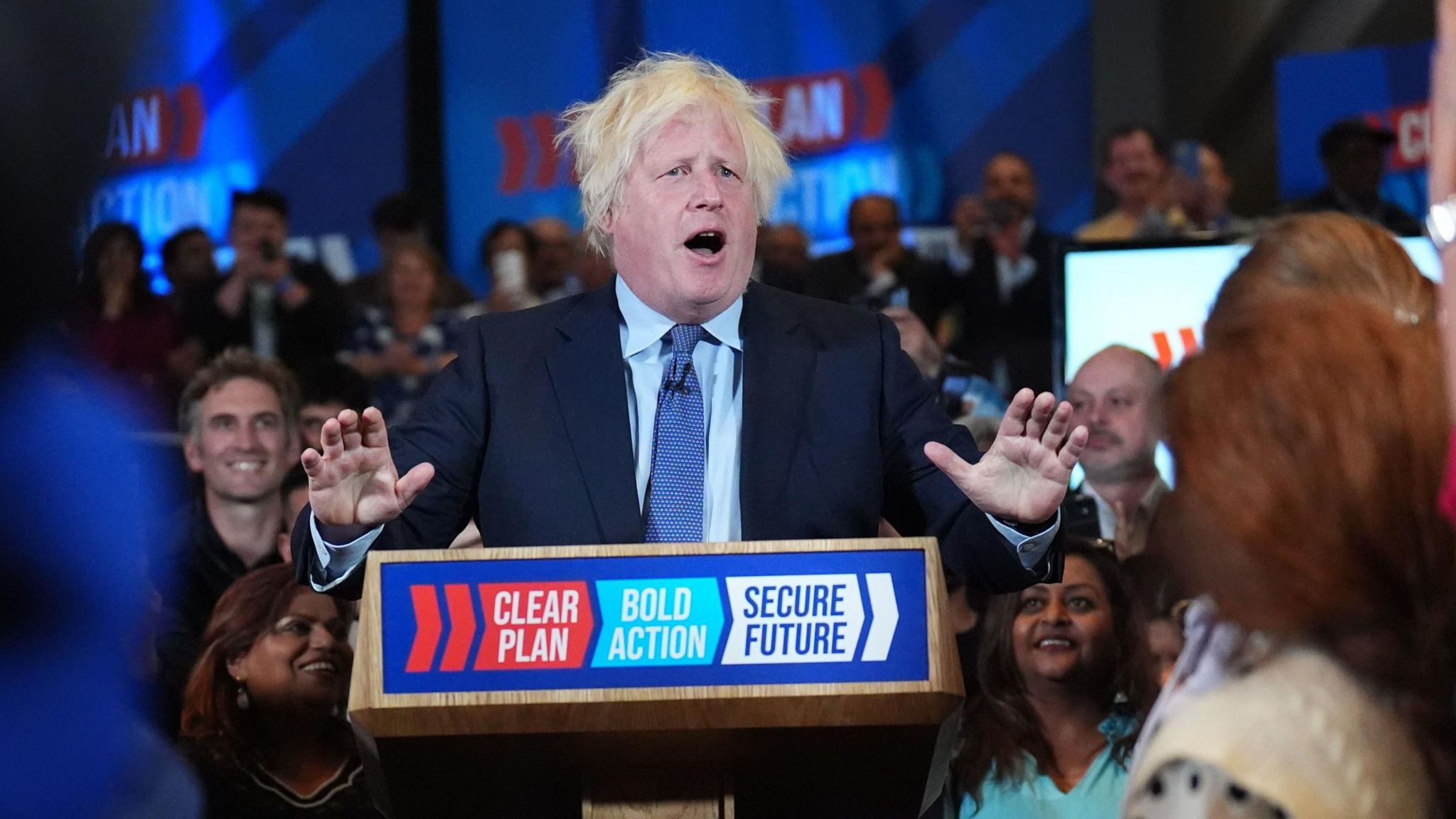 Boris Johnson appears at a Tory campaign rally