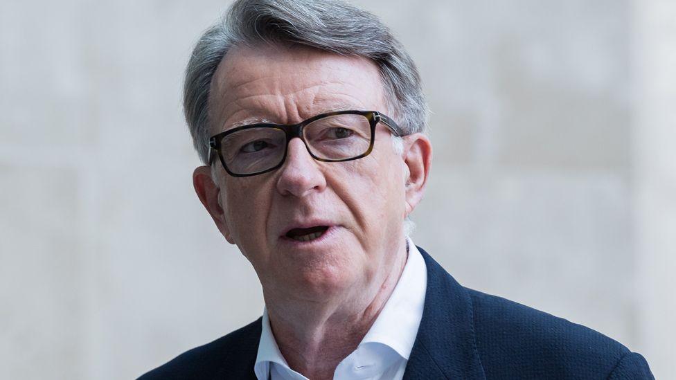 A head shot portrait of Lord Mandelson taken against a neutral blurred background.  He is wearing glasses and a open collar white shirt with a dark jacket.