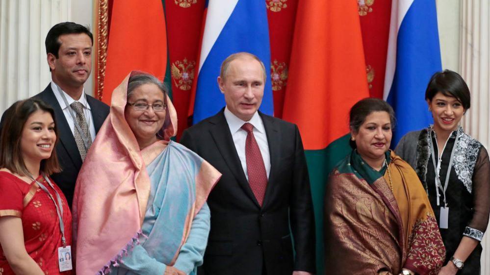 Tulip Siddiq (far left) pictured with Russian president Vladimir Putin and her aunt Sheikh Hasina (third left), who was then Bangladesh's prime minister