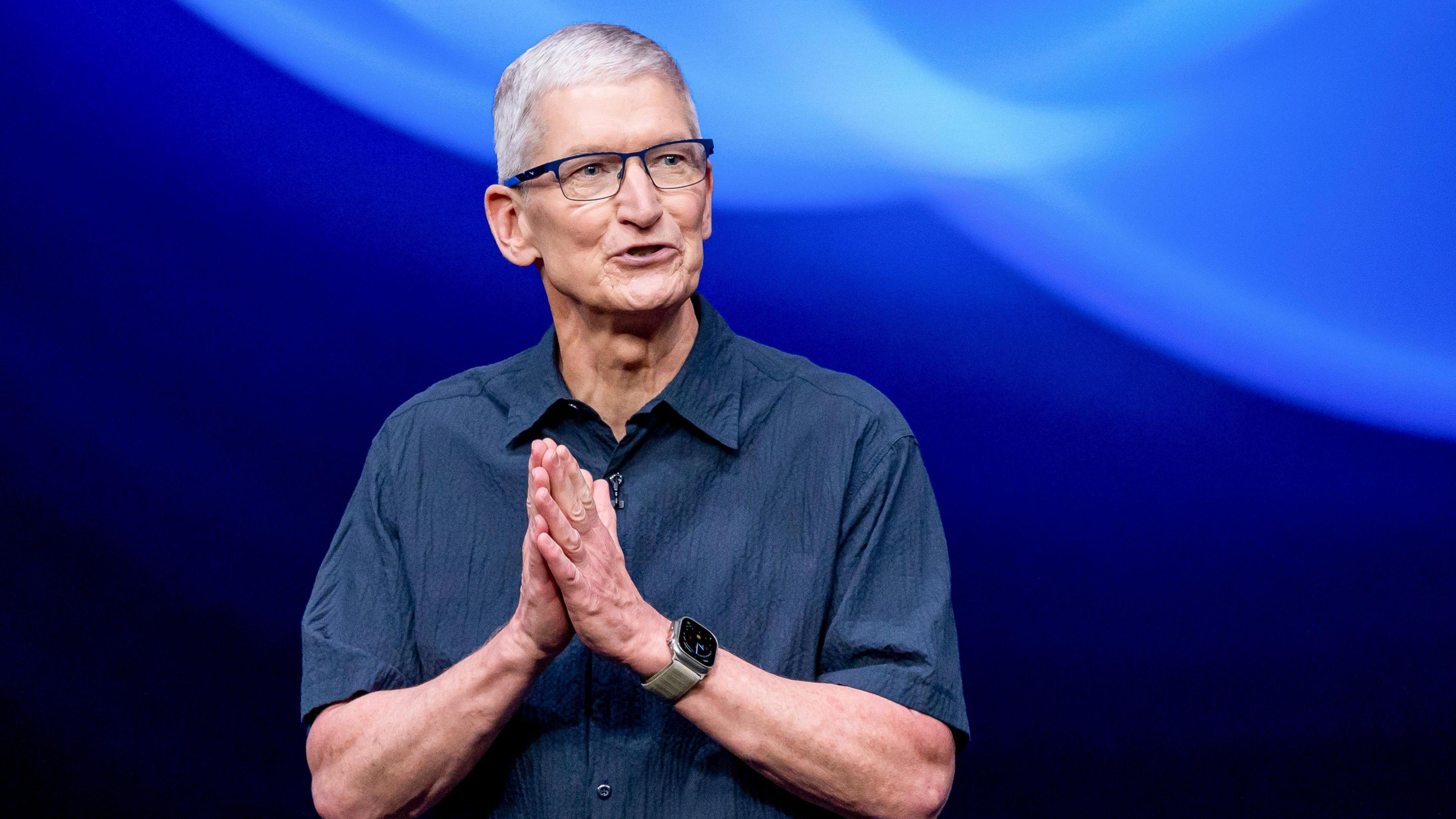 Apple's chief executive, Tim Cook, speaking at an an event at the Apple Park campus in Cupertino, California, US.