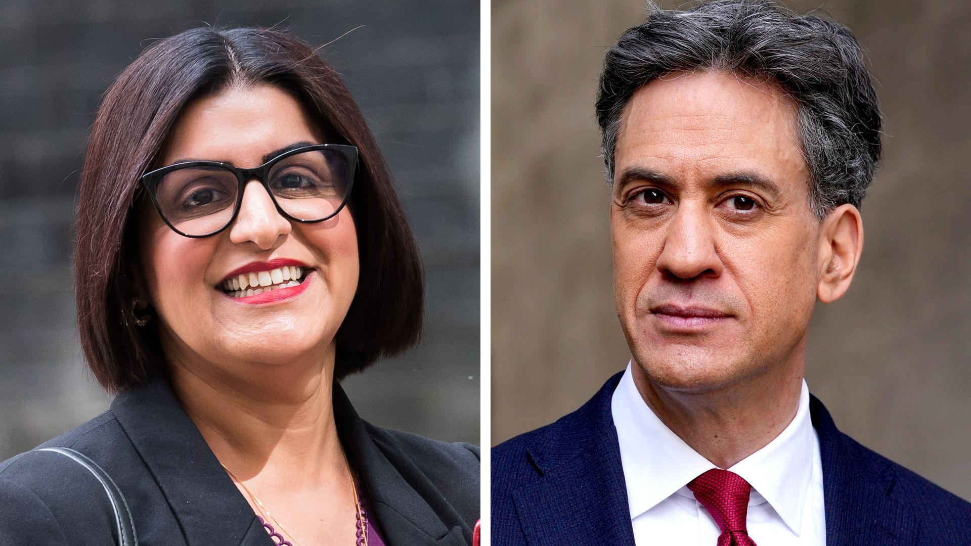 Composite image with Shabana Mahmood on the left and Ed Miliband on the right.