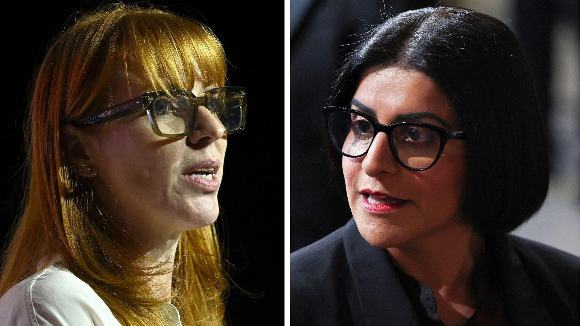 Composite of close-ups of Angela Rayner and Shabana Mahmood. Both women wear glasses. 