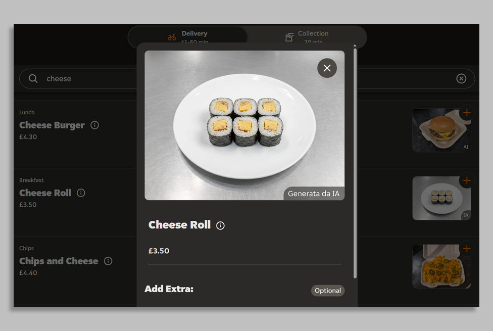 A screenshot of an AI-generated image on Just Eat showing a white plate of sushi rolls with cheese in them. The description says "Cheese Roll".
