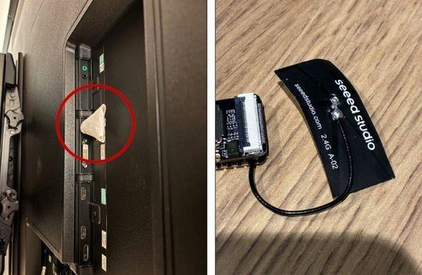 A picture of the black recording device allegedly planted by Abdulrahman Alfozan on a desk and also inserted into the back of a TV.
