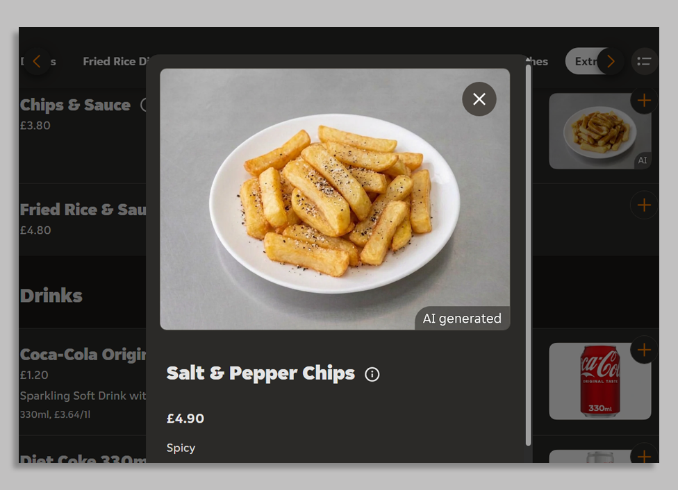 A screenshot of an AI-generated image on Just Eat showing a white plate of cooked chips with a lot of pepper and salt on them. The description says "Salt & Pepper Chips".