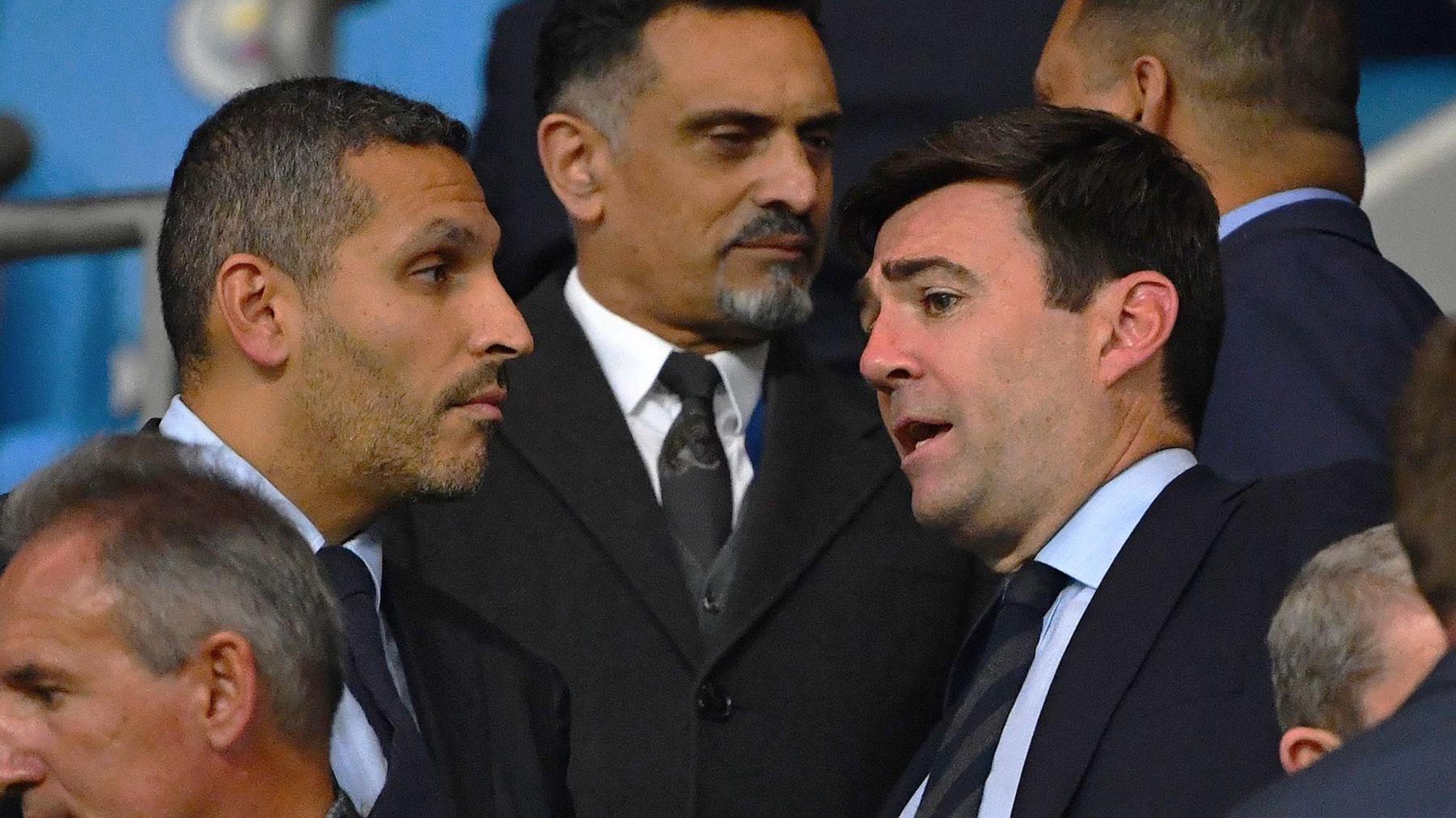 Man City chairman Khaldoon Al Mubarak (left) chats to Andy Burnham in 2019 at the Etihad Stadium when he was mayor of Greater Manchester.